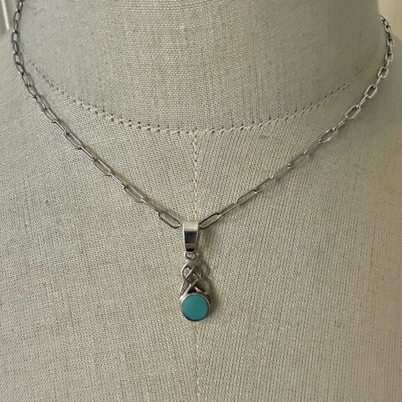 Sterling Silver Celtic Knot Pendant Necklace with Turquoise-Colored Stone - Picture 2 of 7